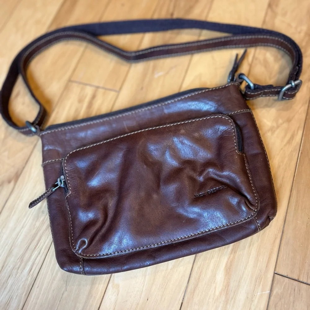 Jack Georges Voyager Brown Leather Front Zip Pocket Crossbody Bag Purse